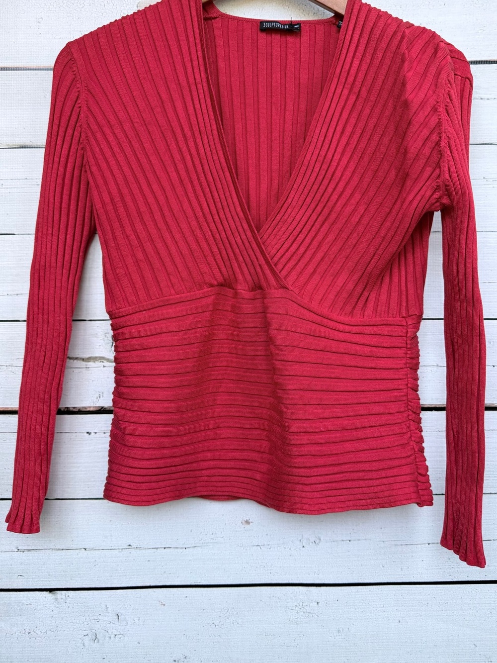 Sculptured Silk Deep V-Neck Wrap Ribbed Knit Pullover Sweater Top - Size Medium